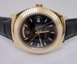 Rolex Day-Date Watch and Black Face Gold Beael Black Leather Strap